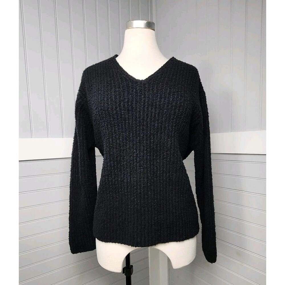 Eileen Fisher V-Neck Chunky Knit Sweater Black Womens M Drop Shoulder Boxy Chic